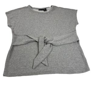 Tahari Ribbed Knit Top Medium M Heather Grey Front Tie Belted Cap Sleeve Blouse